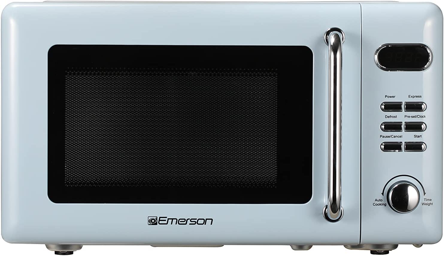 Emerson 7 Cu Ft Retro Digital Microwave Oven, 700W With 5 Micro Power Levels, 8 Pre-Programmed Settings, Express & Defrost, Chro