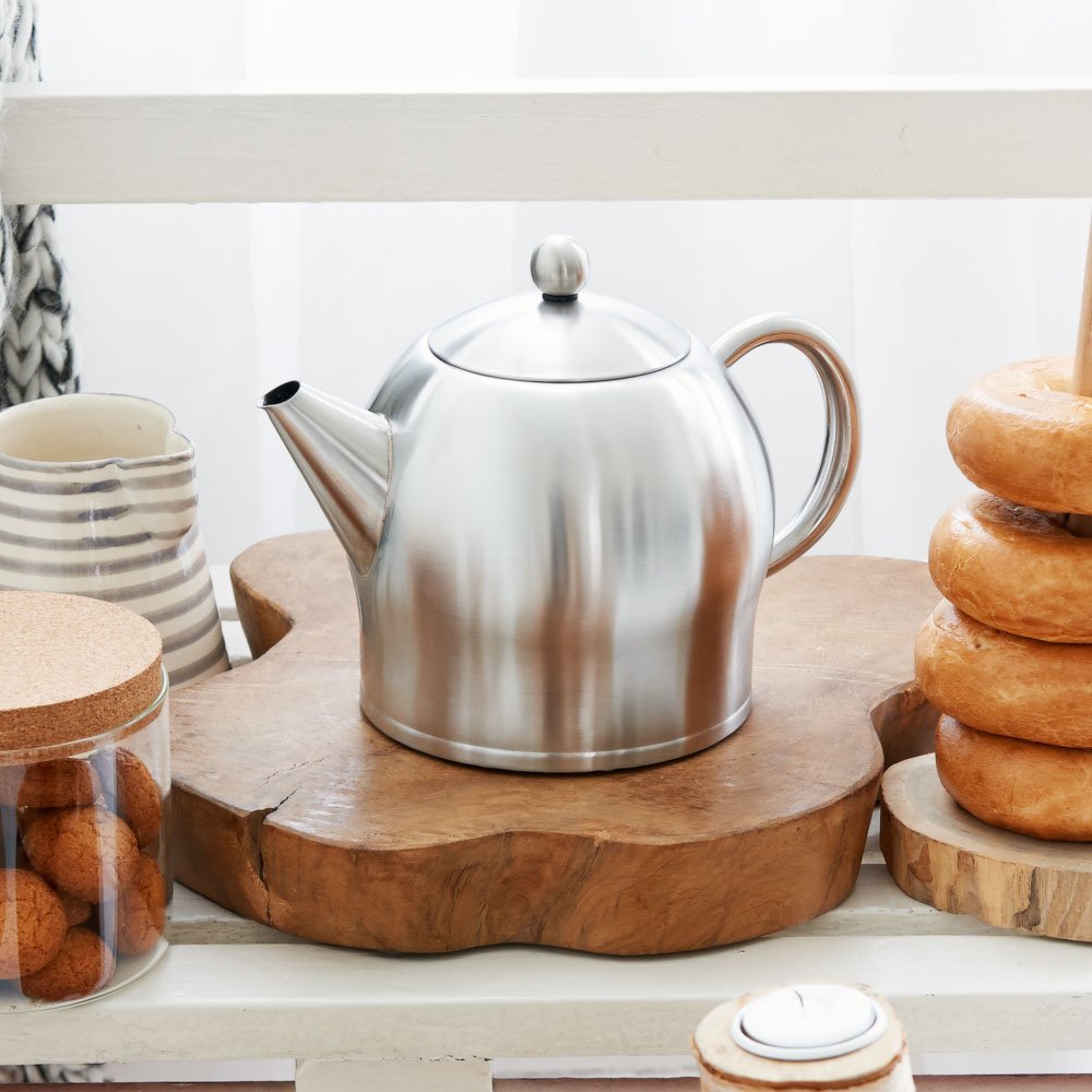 Bredemeijer Santhee Double Walled Teapot, 1.4-Liter, Stainless Steel Satin Finish With Satin Accents