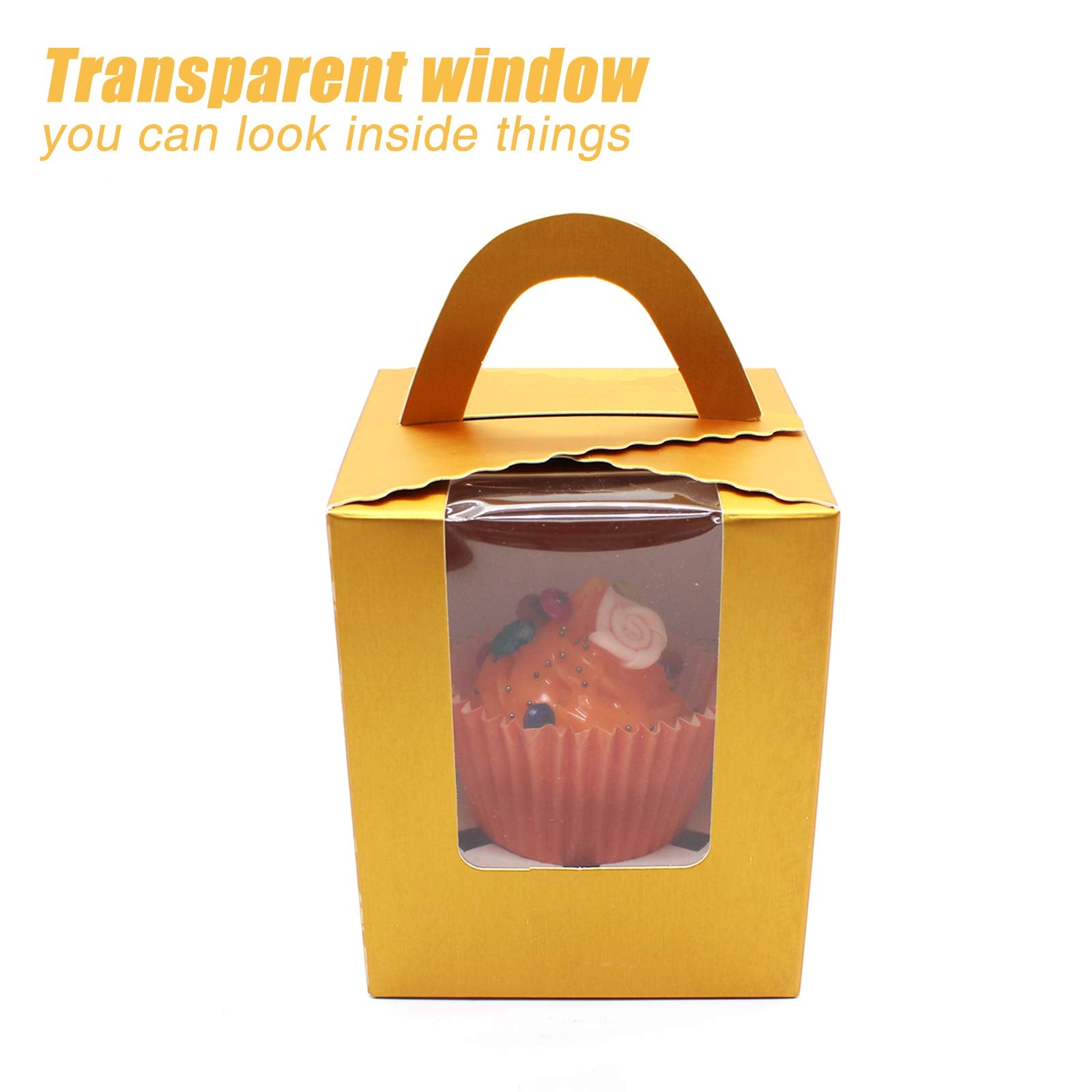 50 Pcs Gold Paper Cupcakes Boxes,Portable Single Individual Cupcake Gift Boxes With Window Inserts Handle For Wedding Candy Boxe