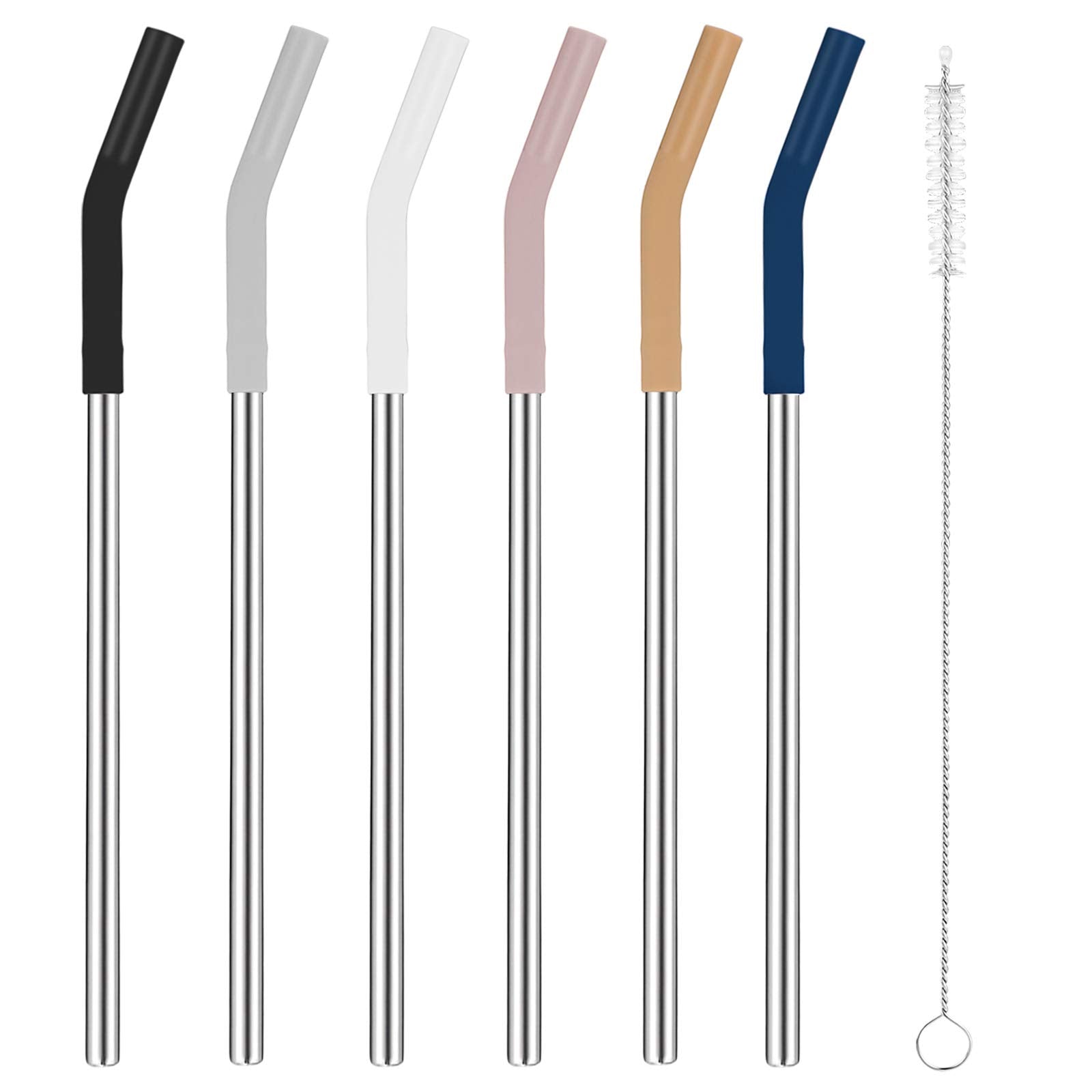 Tronco Set Of 6 Stainless Steel Reusable Metal Straws With Silicone Flex Tips Elbows Cover, Metal Drinking Straws For Tronco Tum