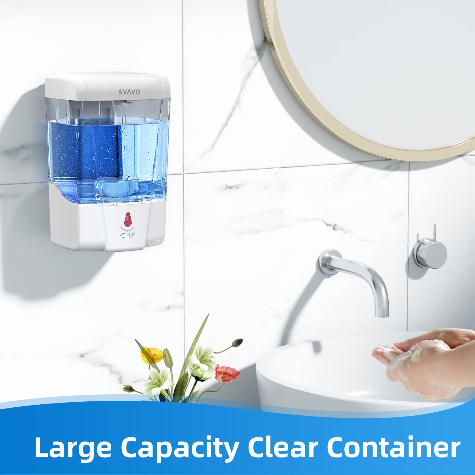 SVAVO Automatic Soap Dispenser Touchless  21oz/600ml Soap Dispenser Wall Mount  Liquid Soap Dispensers for Hand Soap Refill  Bathroom  Kitchen  Household  Commercial Place  ABS Plastic White