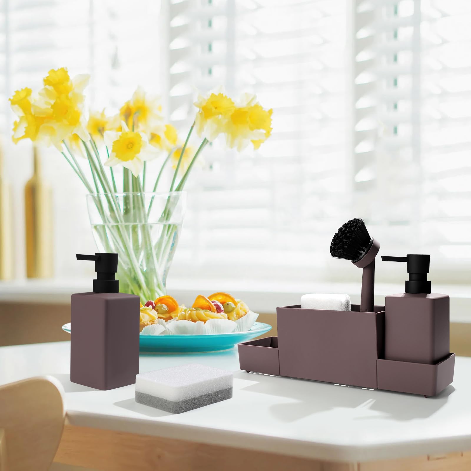 Kitchen Soap Dispenser With Sponge Holder Set For Sink Caddy, Hand Soap And Dish Soap Dispenser With Brush (Brown)