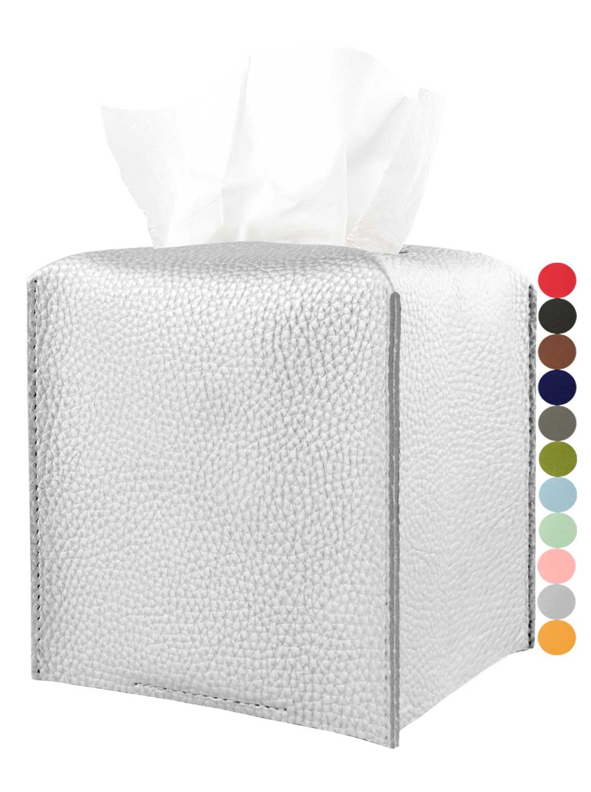 Silver Tissue Box Cover Leather - Square Tissue Box Holder With Bottom Belt By Jesmini, Modern Pu Leather Cube Tissue Holder For