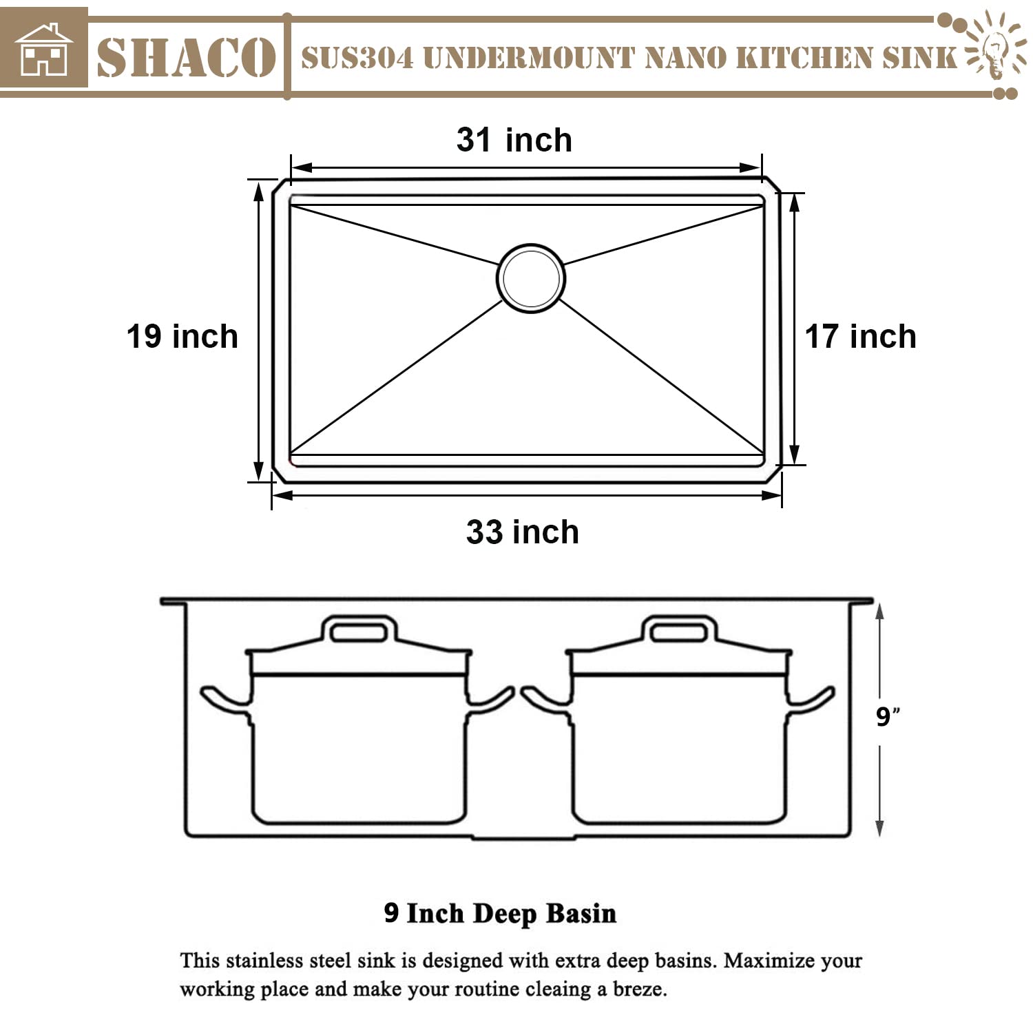 Shaco 33 Inch Black Undermount Kitchen Sink, 33X19 Gunmetal Black Stainless Steel Workstation Sink, Single Bowl Basin Wet Prep U