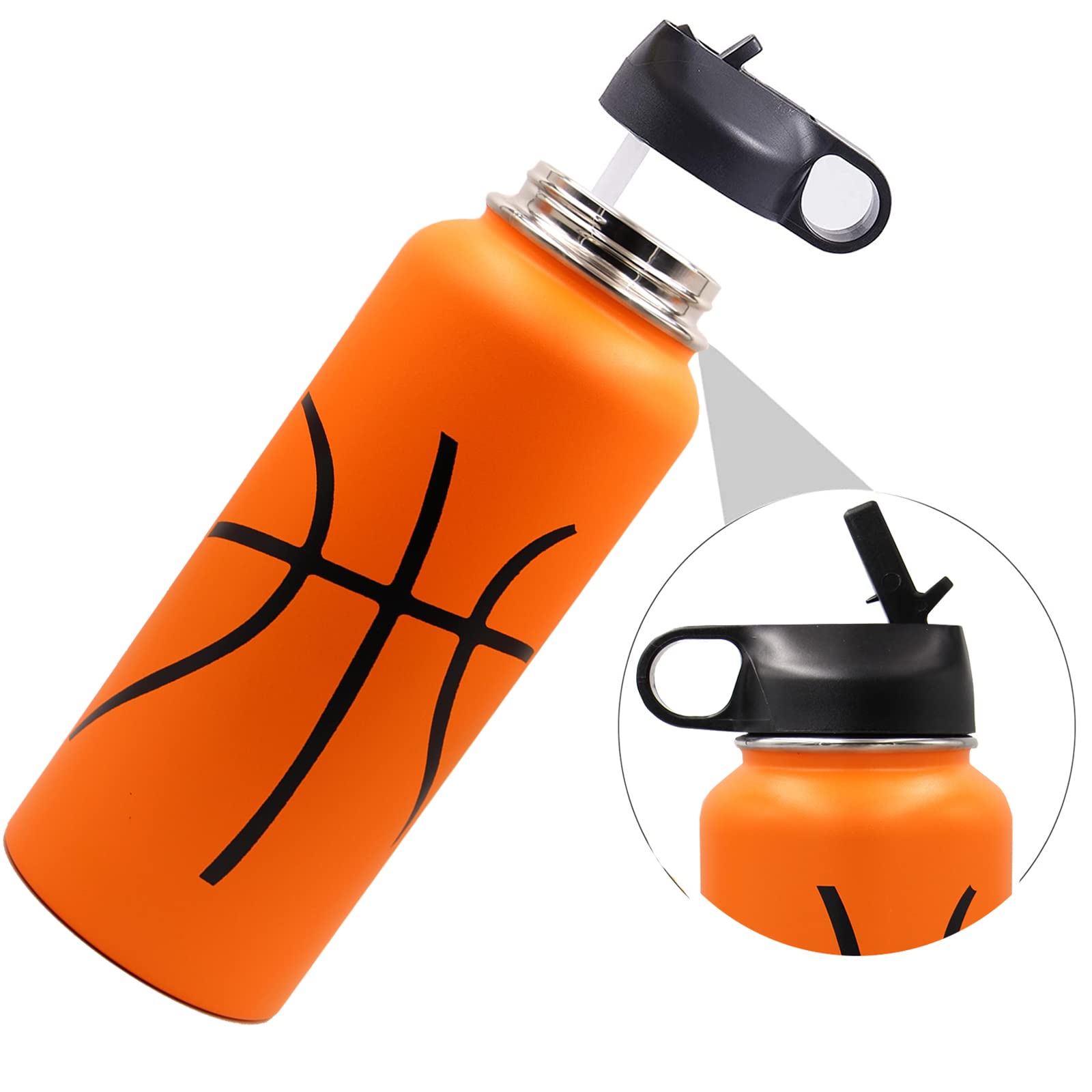 40 Oz Basketball Water Bottle, Flask Sports With 2 Lids 18/8 Stainless Steel Travel Tumbler Double Wall Vacuum Insulated Hot/Col