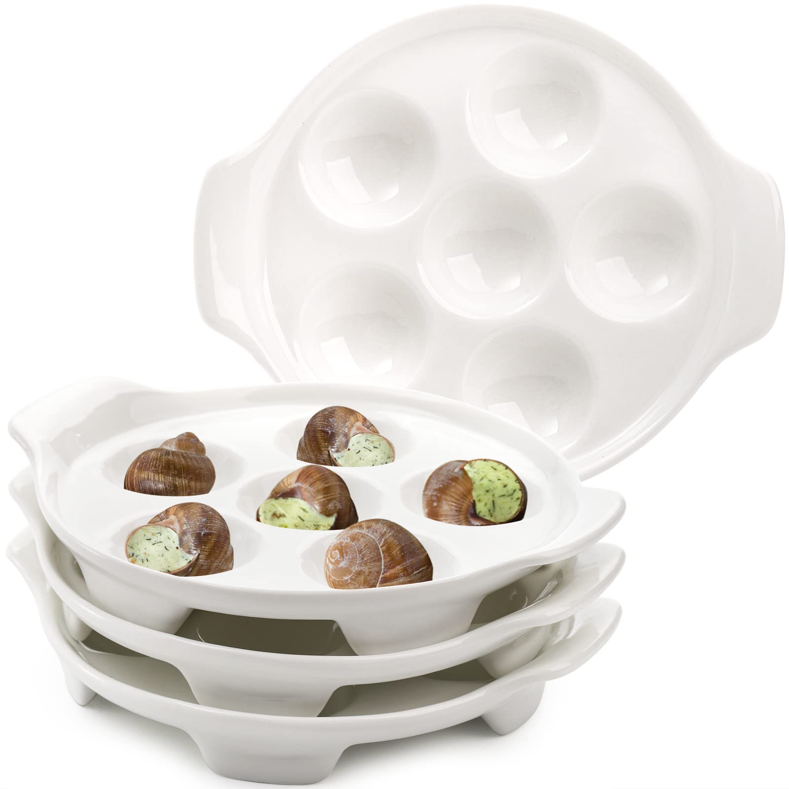 Okllen 4 Pack Ceramic Escargot Plates with 6 Holes and Handles, 6.5 Inch Seafood Snail Dish Footed Plates White Escargot Baking 