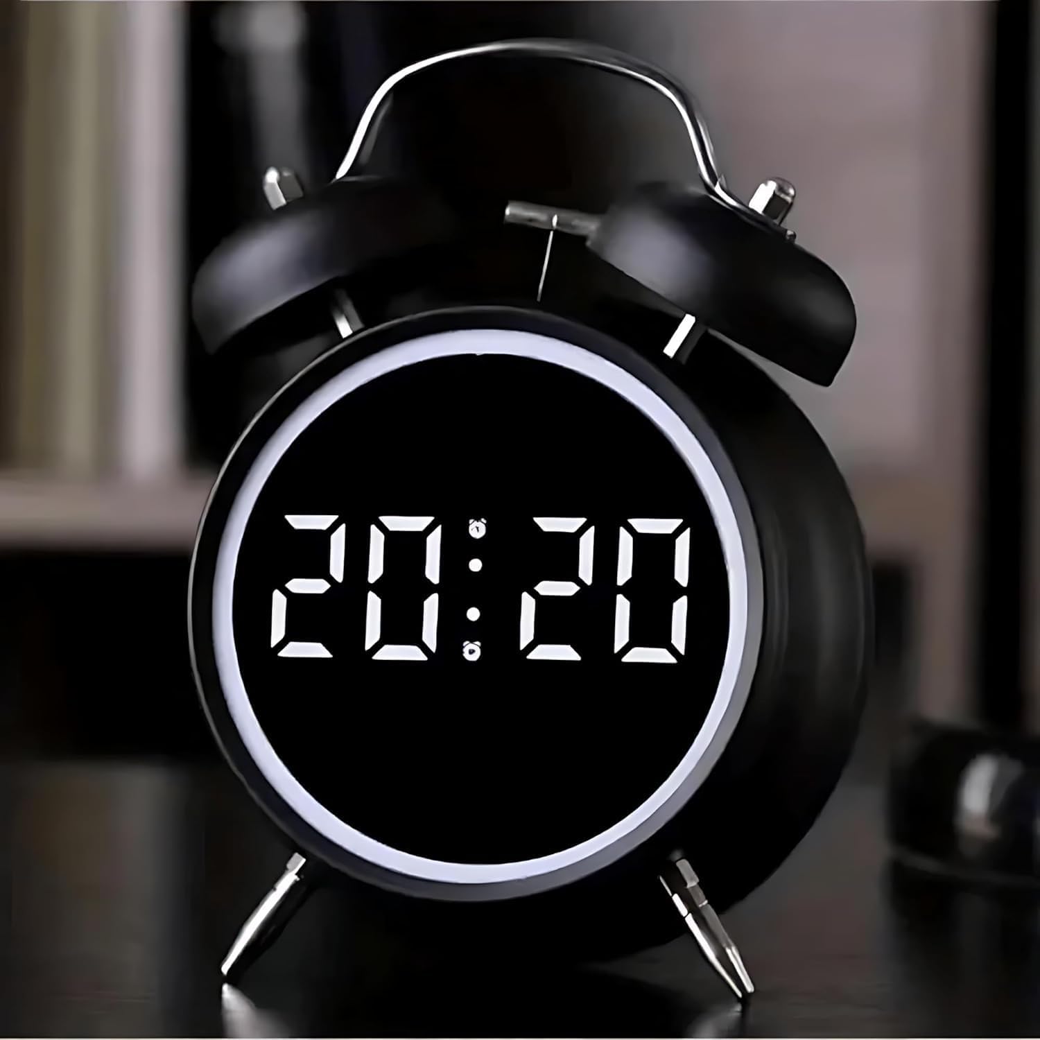 Aerys 4.5-Inch Digital Alarm Clock, Double Bell Led Silent Metal Clock With Night Light, Loud Bedside Alarm For Heavy Sleepers,