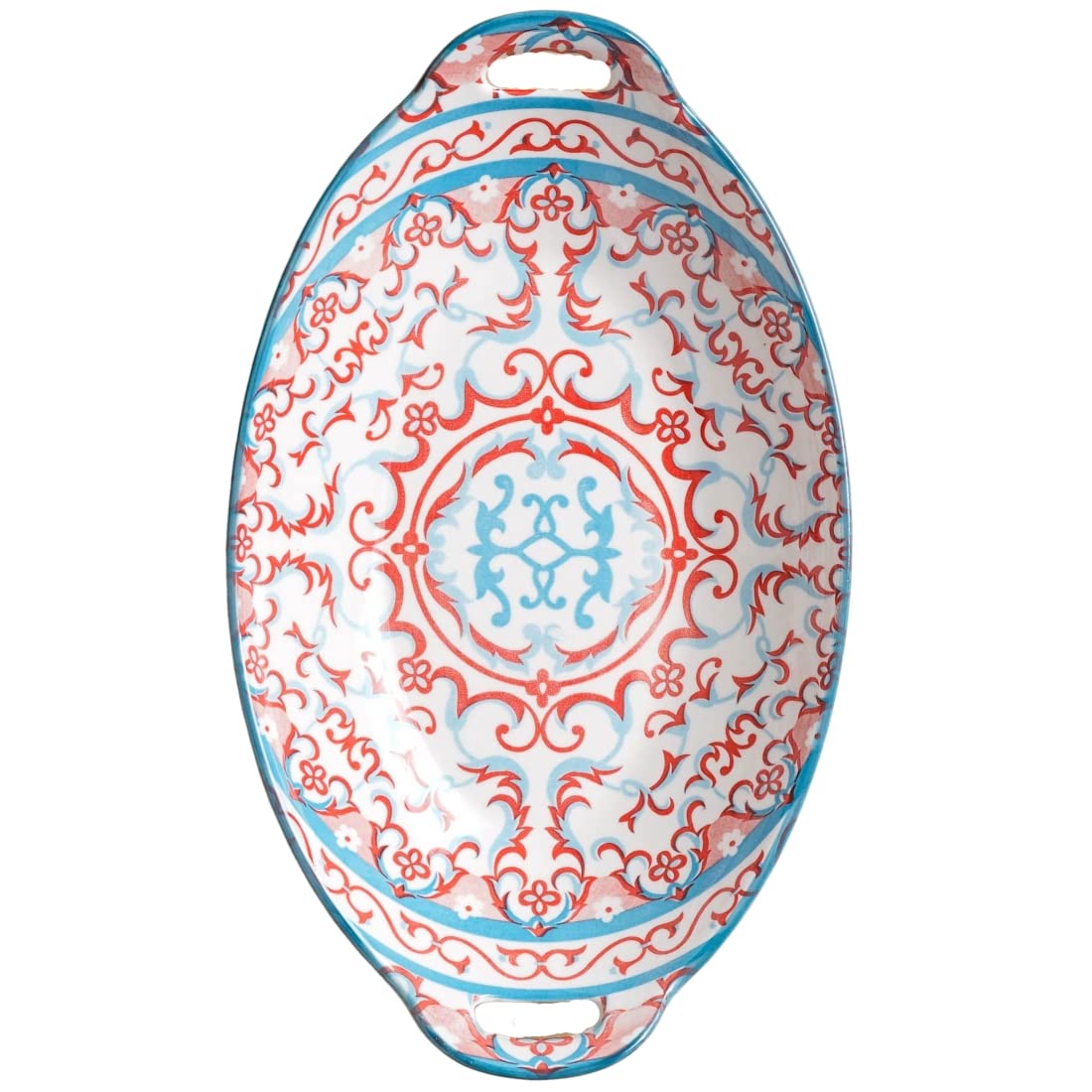 Nestasia Red and Blue Mandala Ceramic Long Dish with Handles for Serving Snacks, Appetizers, Salads, and Noodles| Microwave Safe