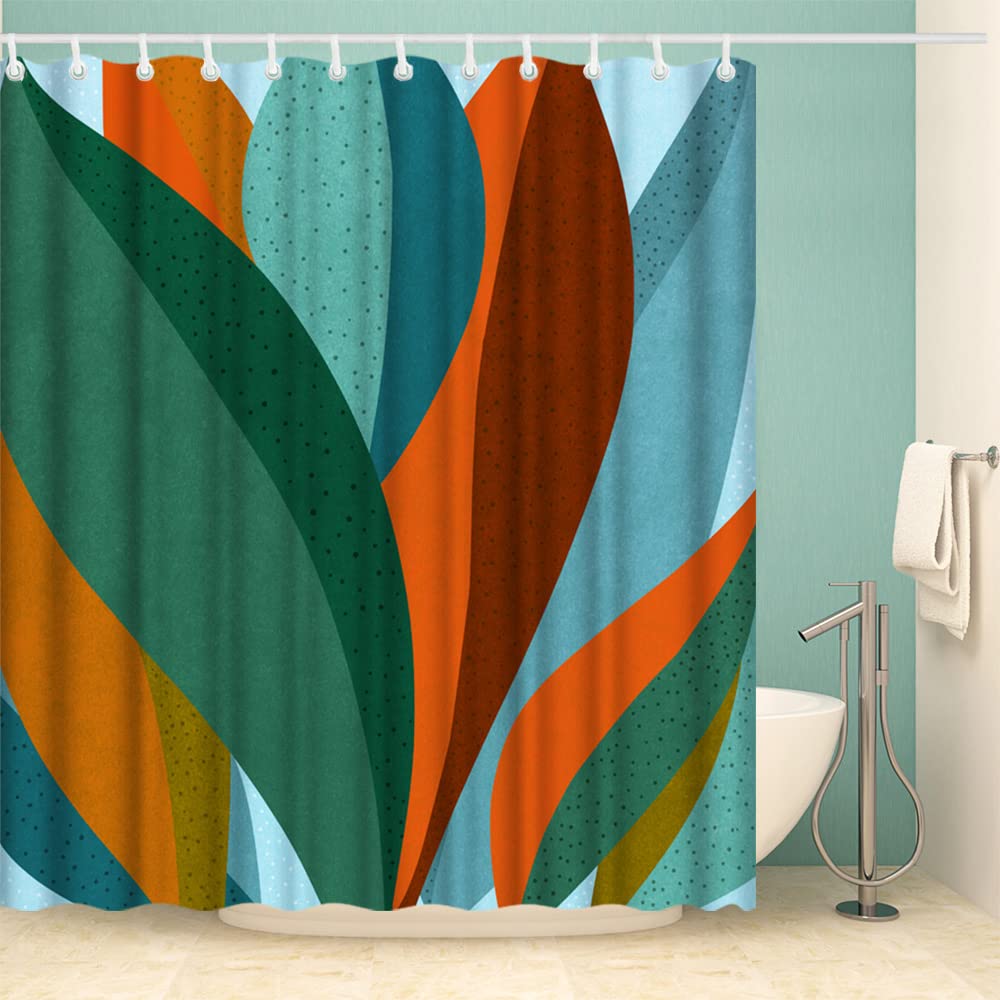Rnnjoile Abstract Leaves Shower Curtain Cloth Tropical Palm Leaf With Dots Print Bath Curtain Green Orange Bathroom Decor With H