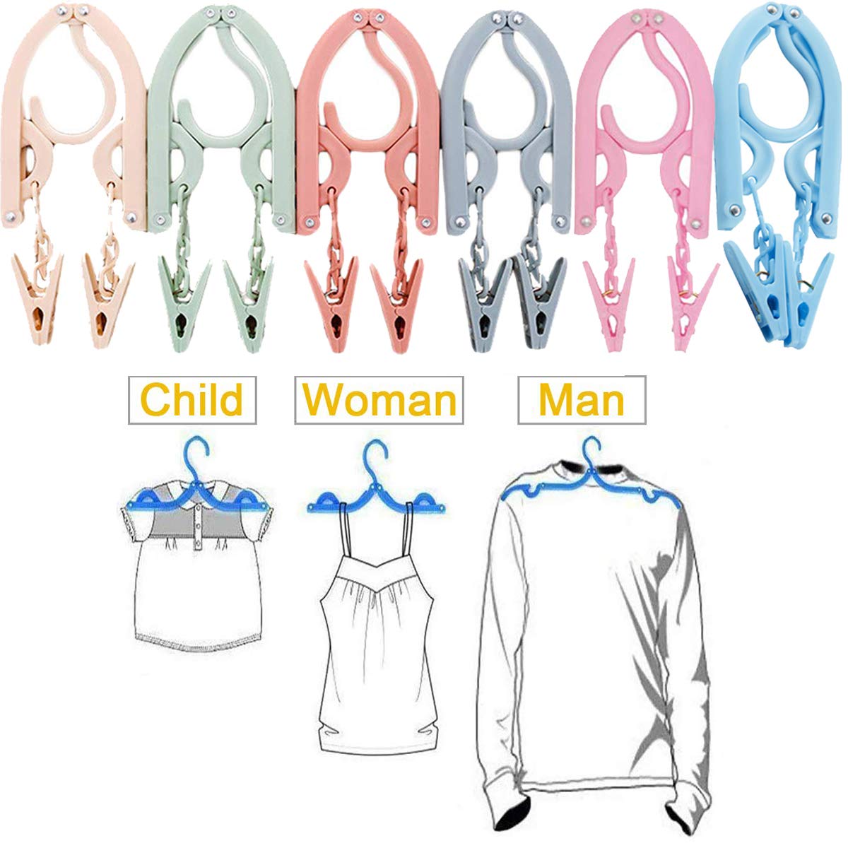 Travel Hangers With Clips Portable Folding Clothes Hangers With 1 Pcs Clothesline 12 Pcs With 24 Pcs Hanger Clips For Scarves Su