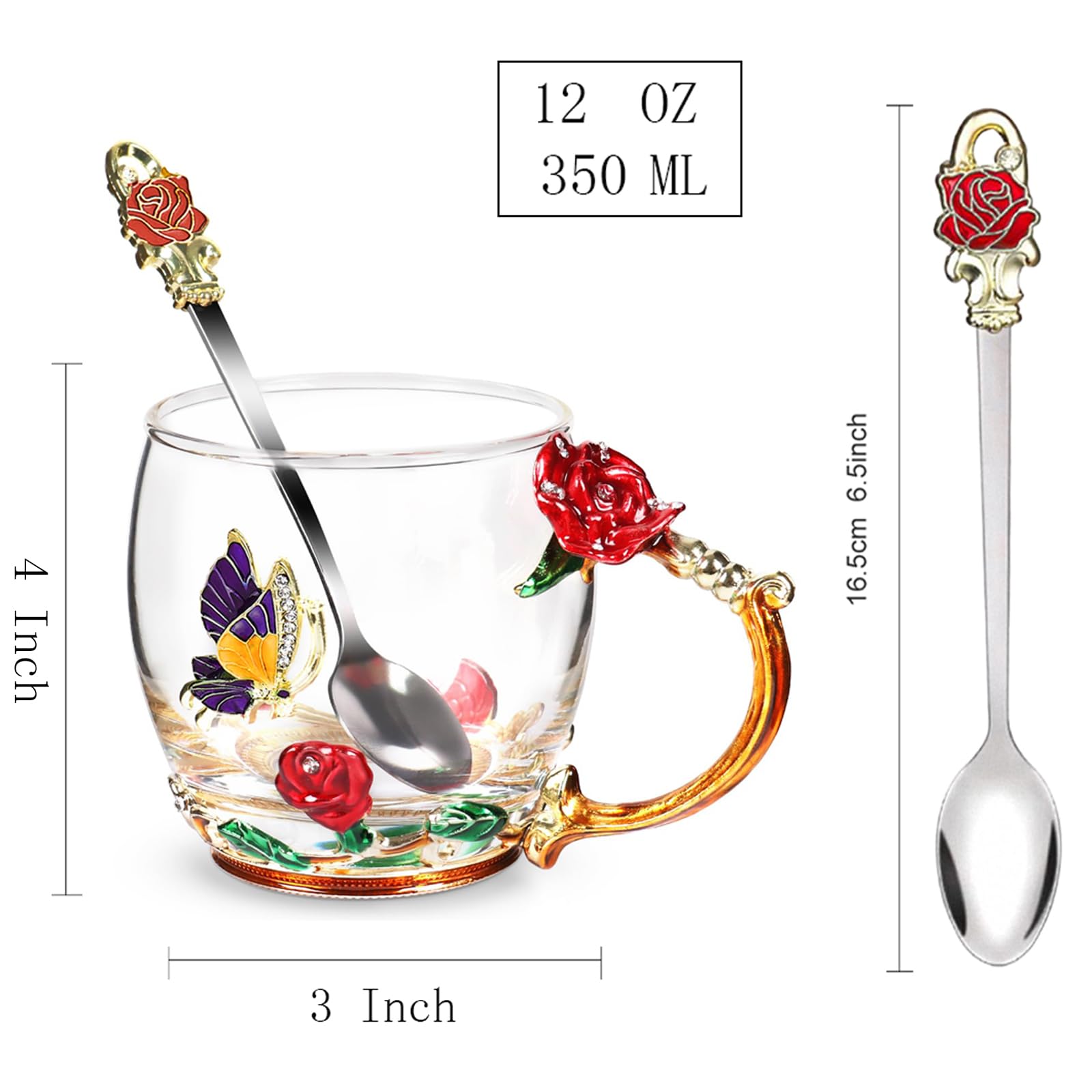 Flower Tea Cup ,Butterfly Rose Clear Glass Fancy Coffee Mug with Spoon,Gift Box for Her Mom Wife Grandma Girls Friends Valentine