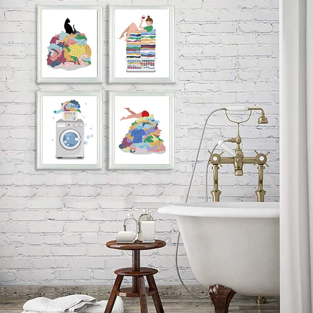 Suuura-Oo Laundry Room Wall Art Decor Prints Set Of 4(8''X10'' Unframed), Creative Illustration Laundry Room Rules Humorous Laun