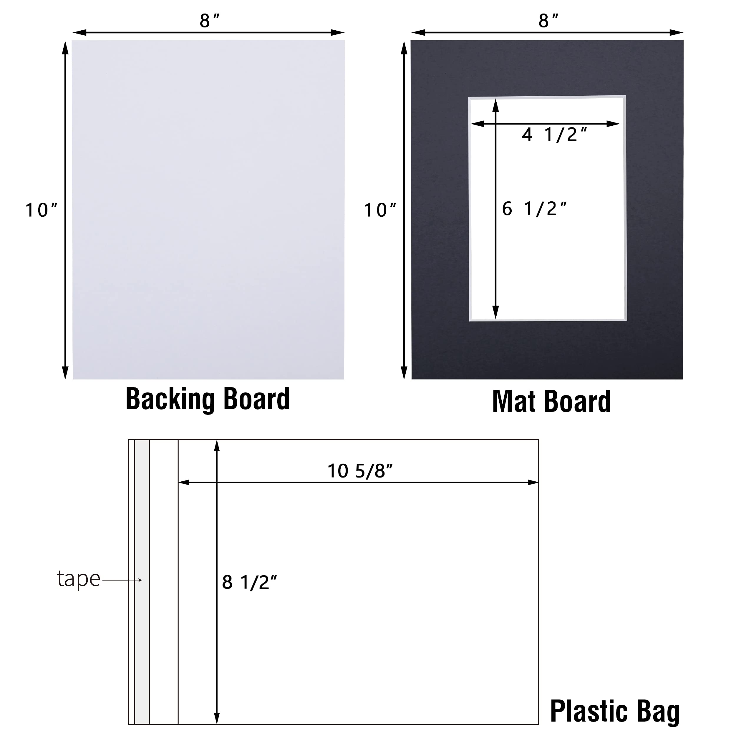 Acid Free 8X10 Pre-Cut Picture Mat Board Kit For 5X7 Photo, Includes 25 Black Core Bevel Cut Mattes, 25 Backing Boards, 25 Cryst