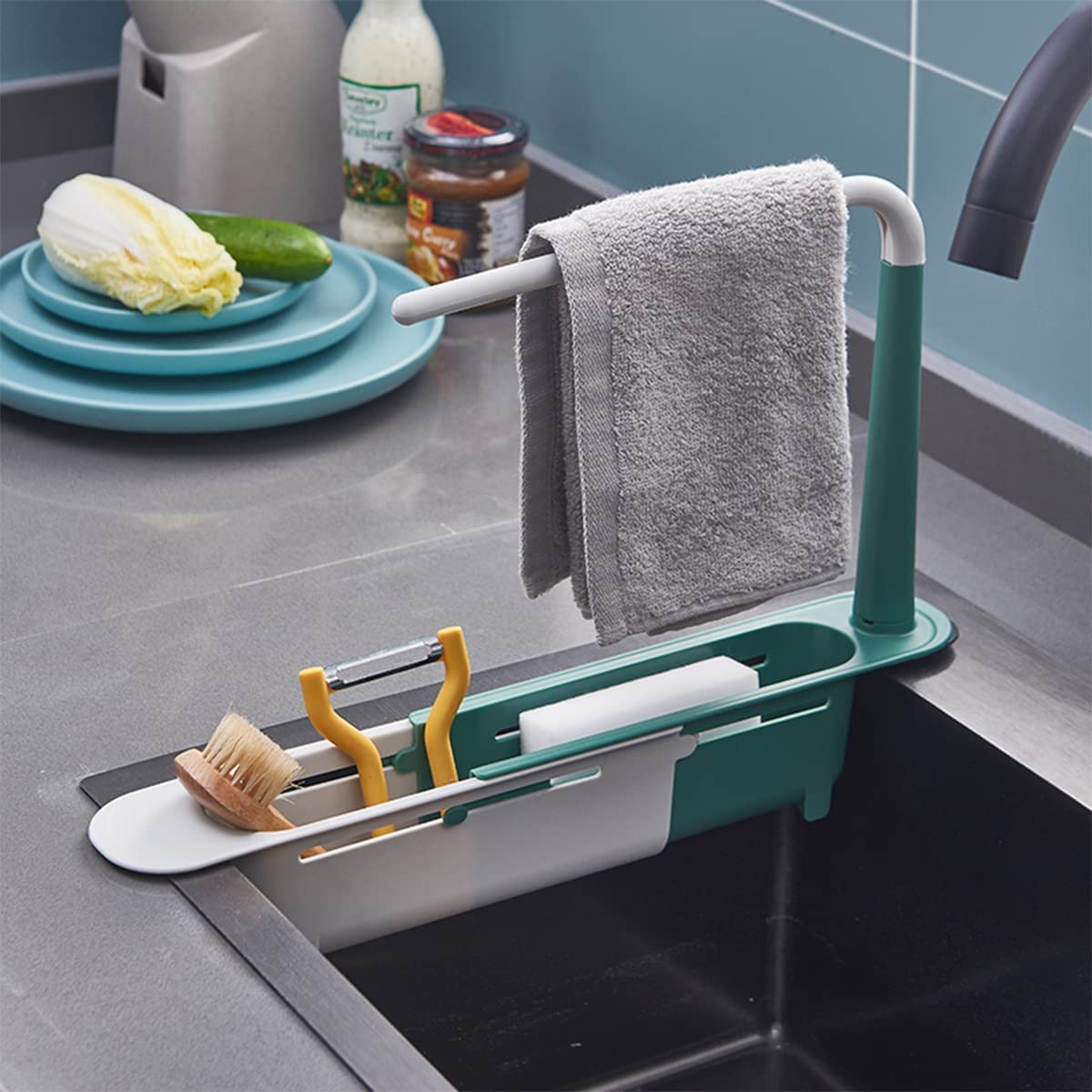 Voxmix Abs, Plastic Updated Telescopic Sink Storage Rack Holder With Adjustable Telescopic 2In1 Sink Storage Rack Holder With 
