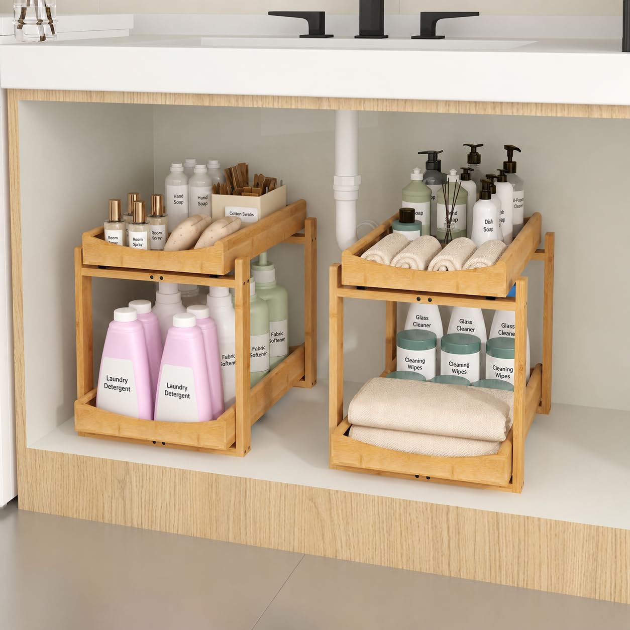 MHXW SXPN Bamboo Under Sink Organizer, 2 Pack Pull Out Cabinet Organizer