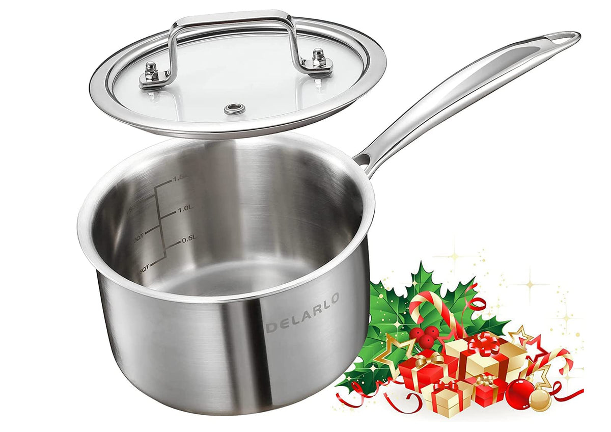 Delarlo Tri-Ply Stainless Steel Sauce Pan, Stainless Steel Pot 2 Qt, All Stove Compatible 600?(Lids 300?), 2 Quart Saucepan With