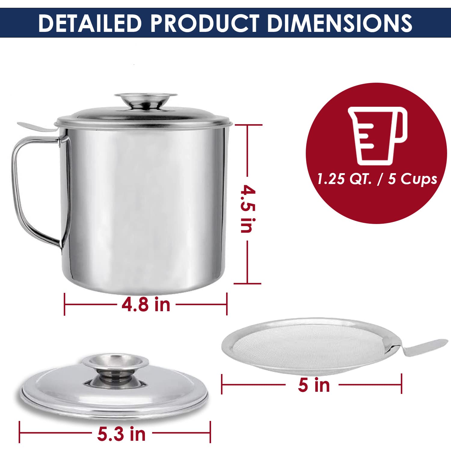 Keissco Bacon Grease Container With Strainer, Stainless Steel Oil Storage Can Container With Fine Mesh Strainer Fat Container Po