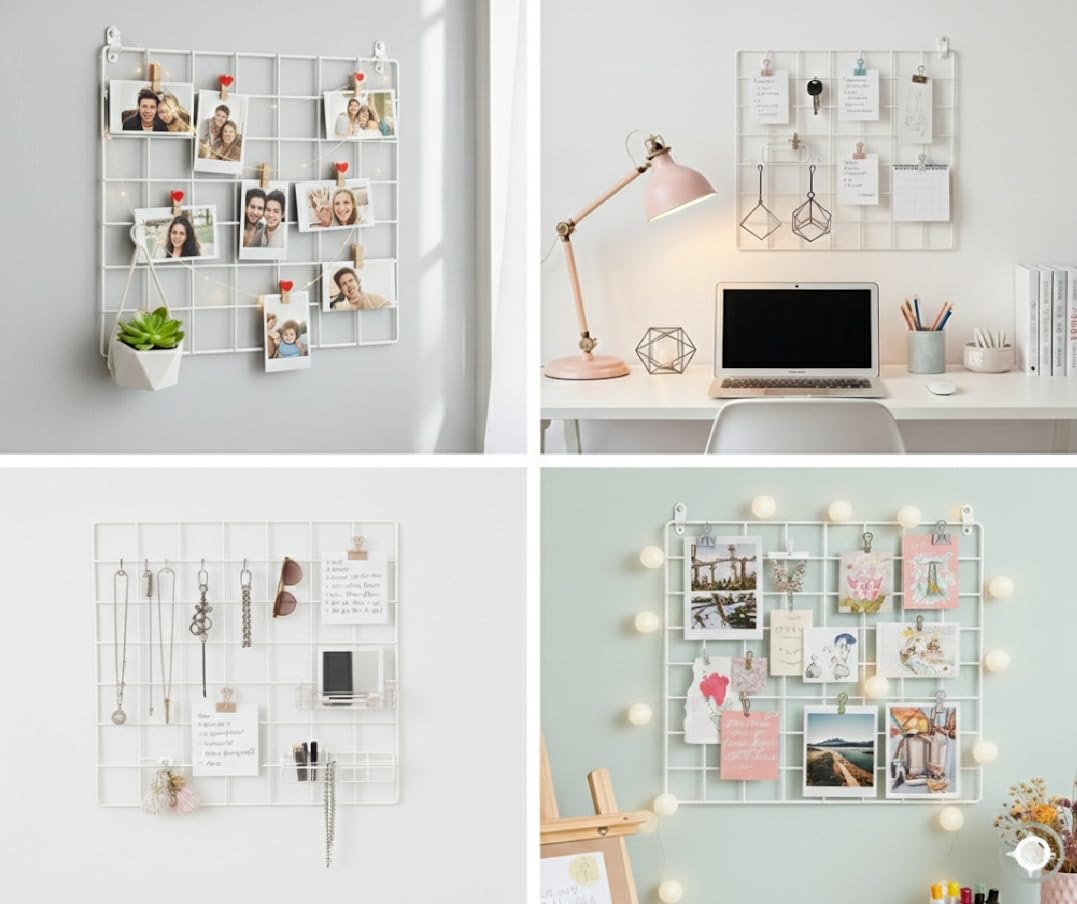 Metal Grid Wall Panel, Photo Display Board With Clips, Square Mesh Frame, (White, 30 X 30 Cm (Pack Of 01))