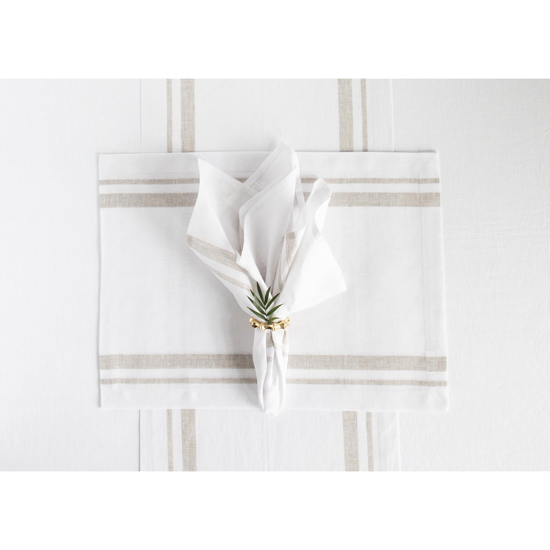 Solino Home Stripe Linen Placemats 19'' L X 14'' W - 100% Pure Linen Natural And White Cloth Placemats Set Of 6 - French Stripe,