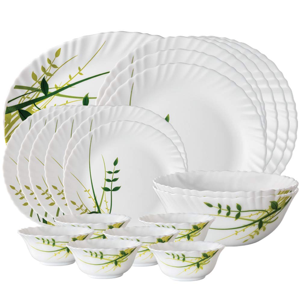 Larah By Borosil Herbs Opalware Leaf Dinner Set, 21Pieces, White