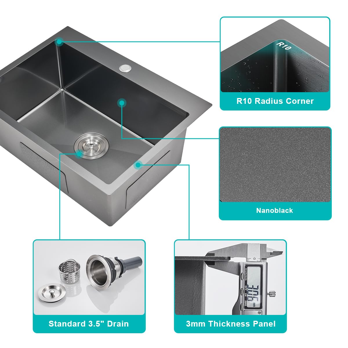 Tsibomu 24 Inch Drop In Kitchen Sink Black, 24X18 Inch Single Hole Kitchen Sink Topmount 18 Gauge Stainless Steel Single Bowl Ki