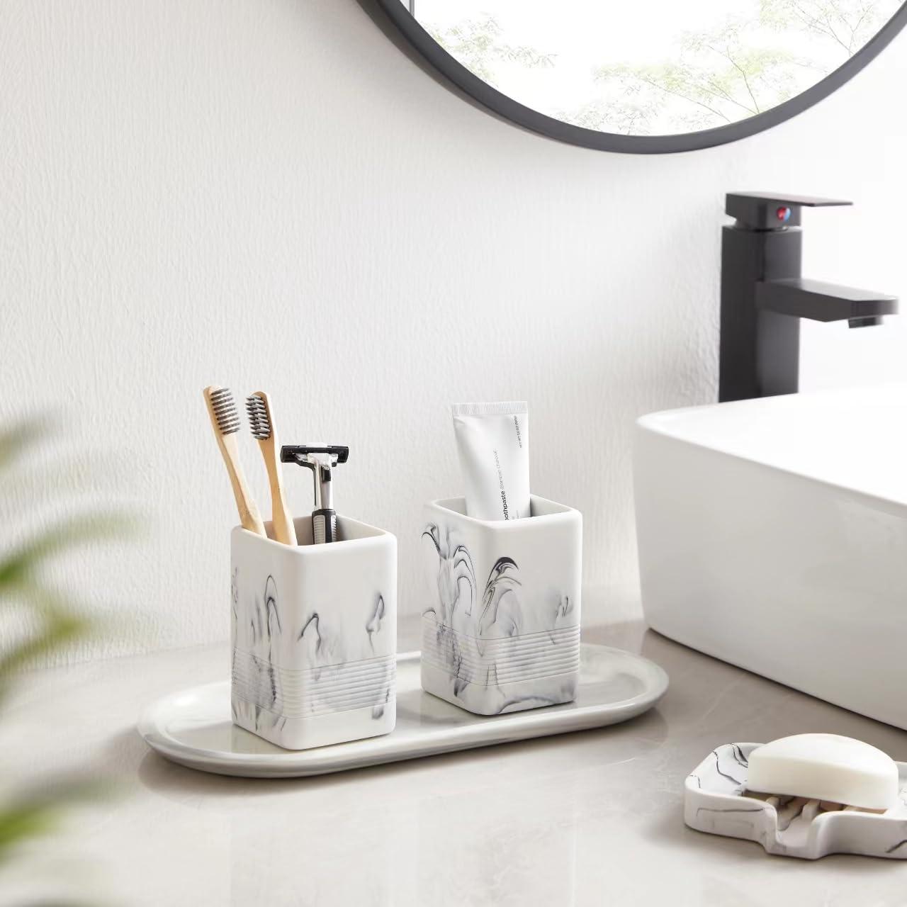 Iniunik 2Pcs Toothbrush Holders For Bathrooms, Heavy Resin Tooth Brushing Holder Bathroom Toothbrush Holder Set, Marble Design T