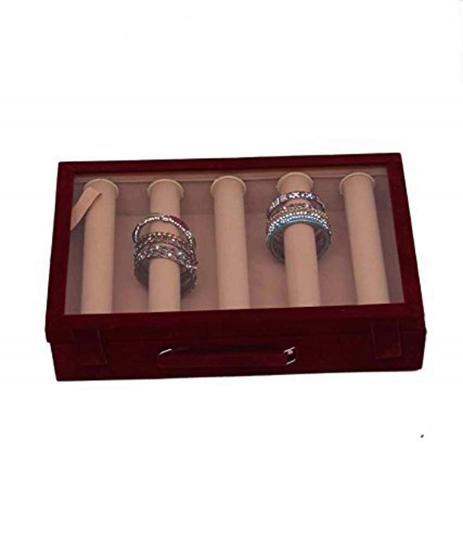 Kuber Industries Wooden 1 Piece Five Rod Transparent Velvet Bangle Storage Box, Maroon  Ctktc22805