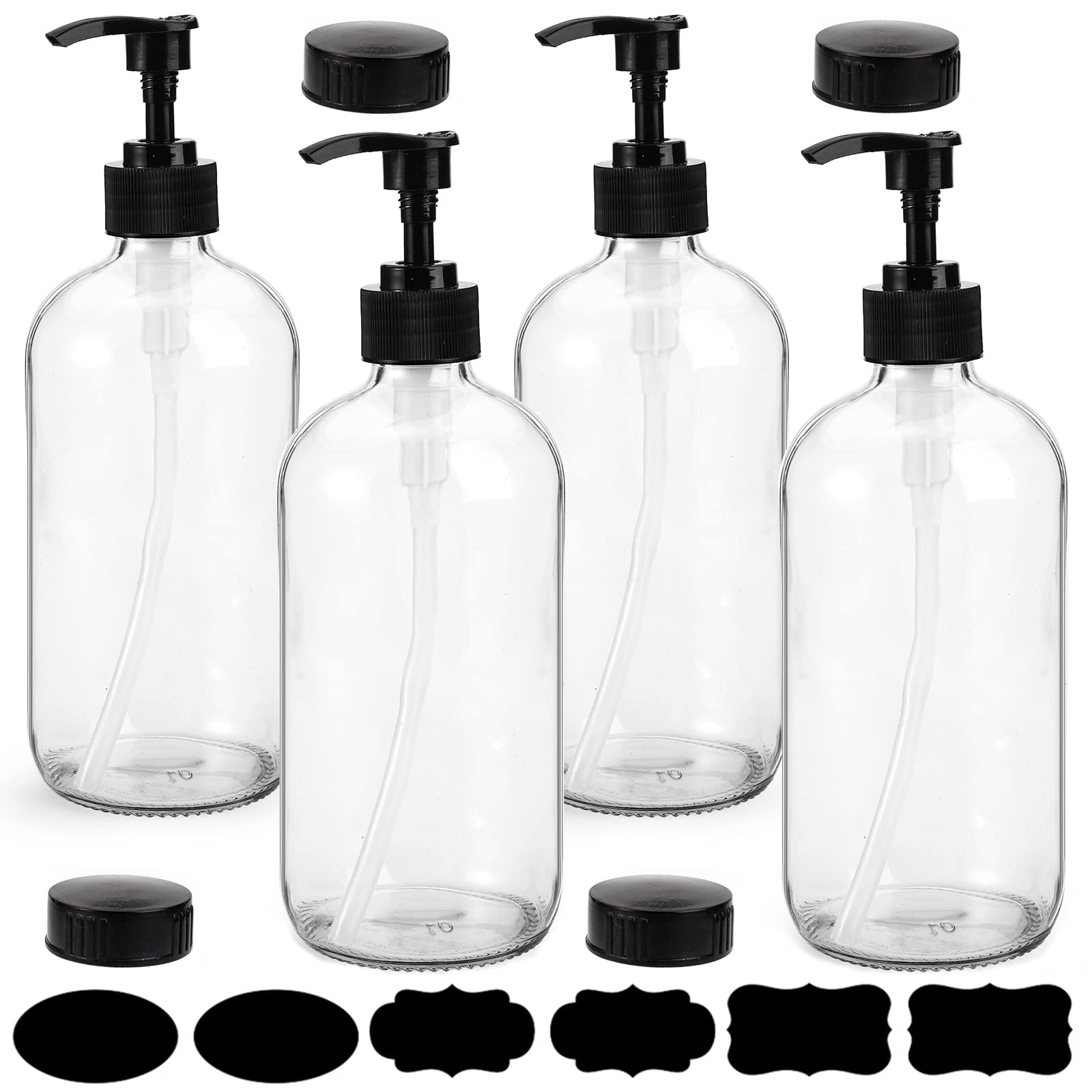 Yarlung 4 Pack 16 Oz Glass Pump Bottles, Clear Refillable Containers Glass Soap Dispenser For Essential Oils, Lotions, Cleaning