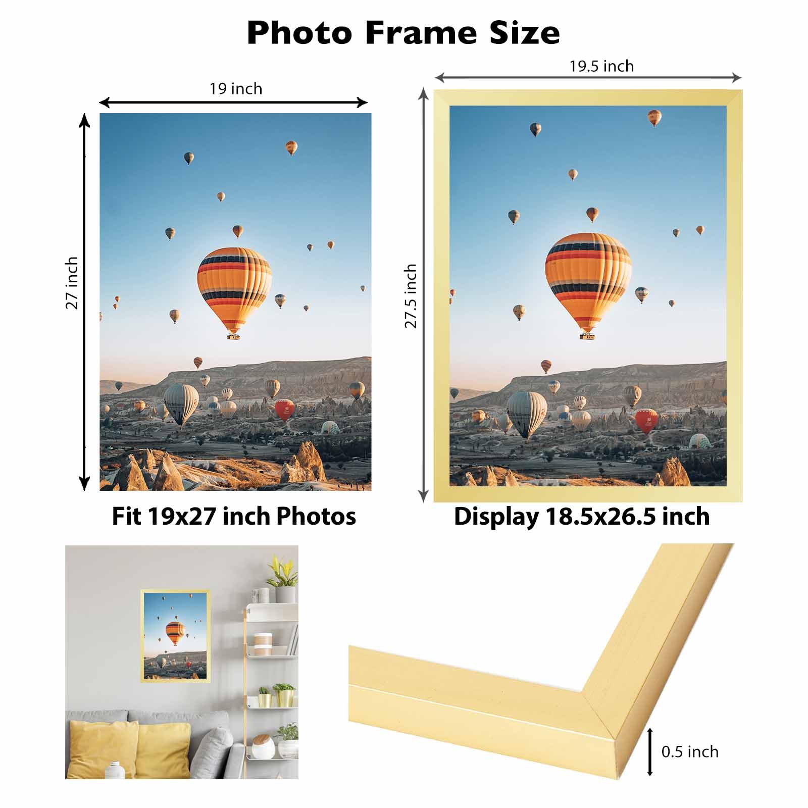 JCJMY 19x27 Picture Frame Gold for Poster Photo Picture, Horizontal and Vertical Formats for Wall Hanging, 19 x 27 Wall Gallery