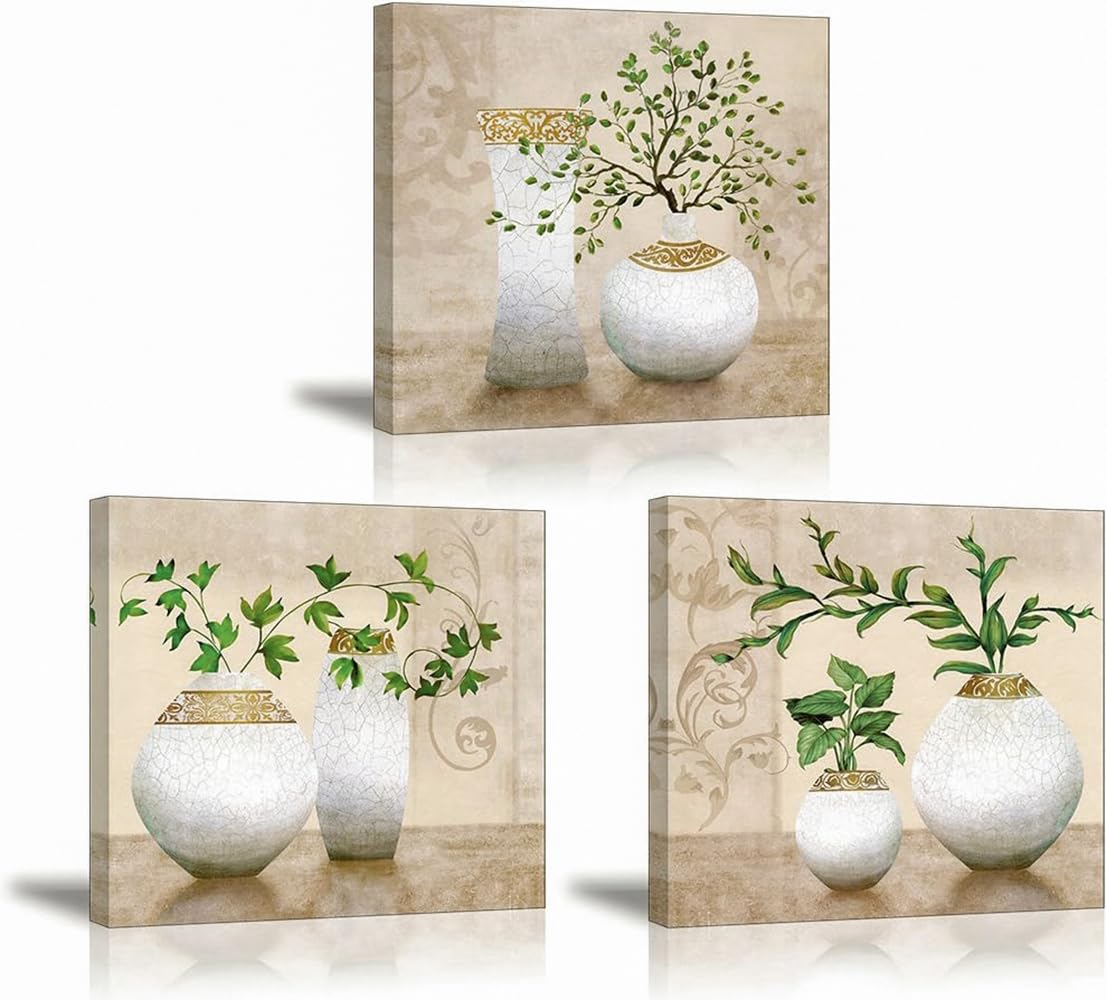 3 Piece Wall Art For Bathroom/Hallway, Sz Hd Elegant Canvas Painting Prints Of Green Spring Plants In Vases On Beige/Tan Picture