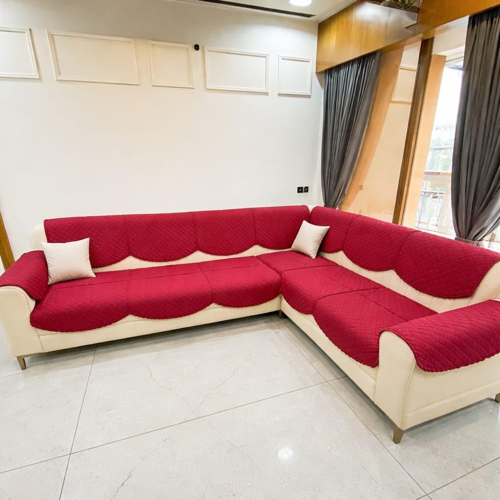 Blush And Bloom 7 Seater L Shape Self Design Velvet Quilted Sofa Cover And Chair Cover, Seat And Back Cover -Pack Of 14-Maroon