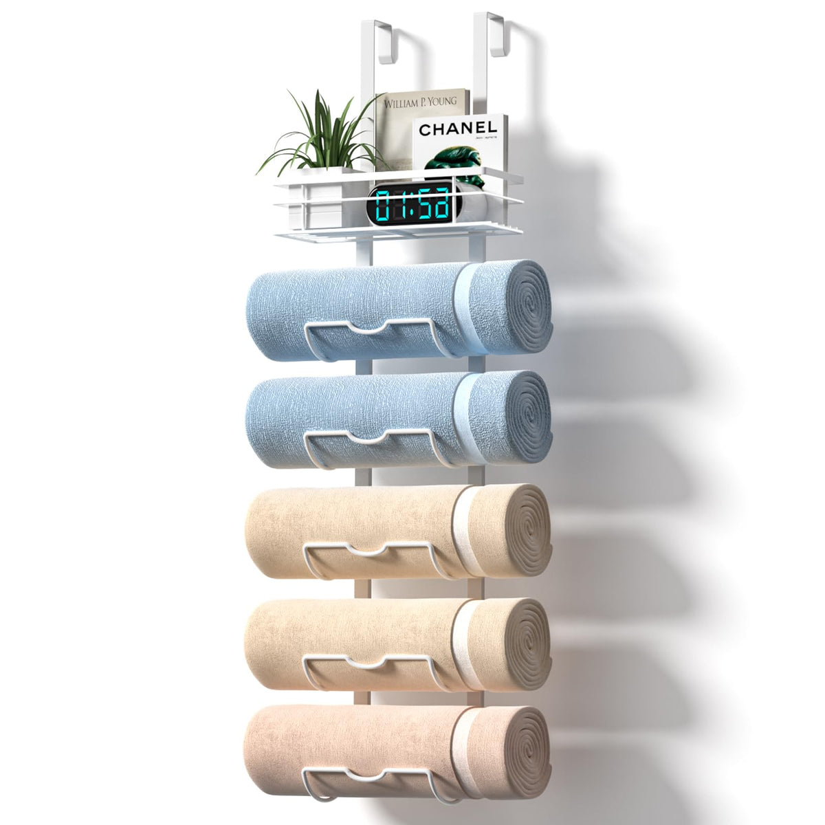 Xstydes 6-Tier Over The Door Towel Rack,Towel Racks For Bathroom, Metal Towel Holder With Storage Basket,Towel Rack For Rolled T