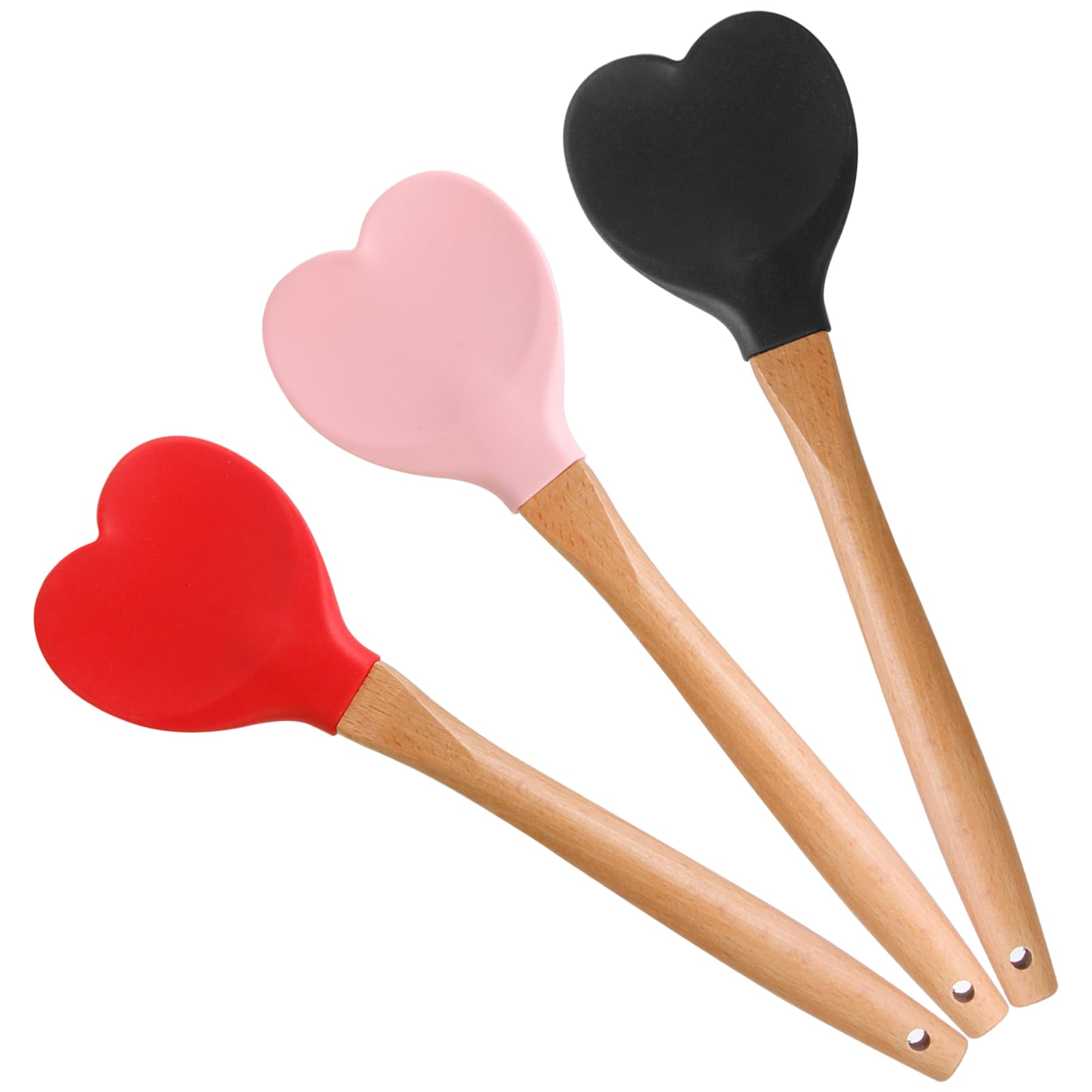 3 Pack Cute Heart Spatula  Wooden Handle HeartShaped Scraper with Round Hanging Hole (Black/Red/Pink) for Baking, Cooking & Ki