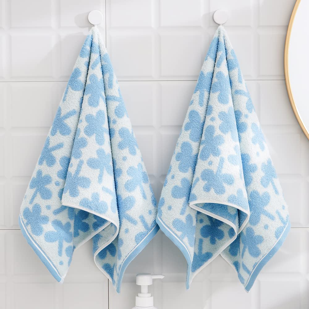 Sense Gnosis Blue Hand Towels Set Of 2 Clovers Pattern 100% Cotton Absorbent Soft Floral Hand Towels For Bathroom Decorative 13