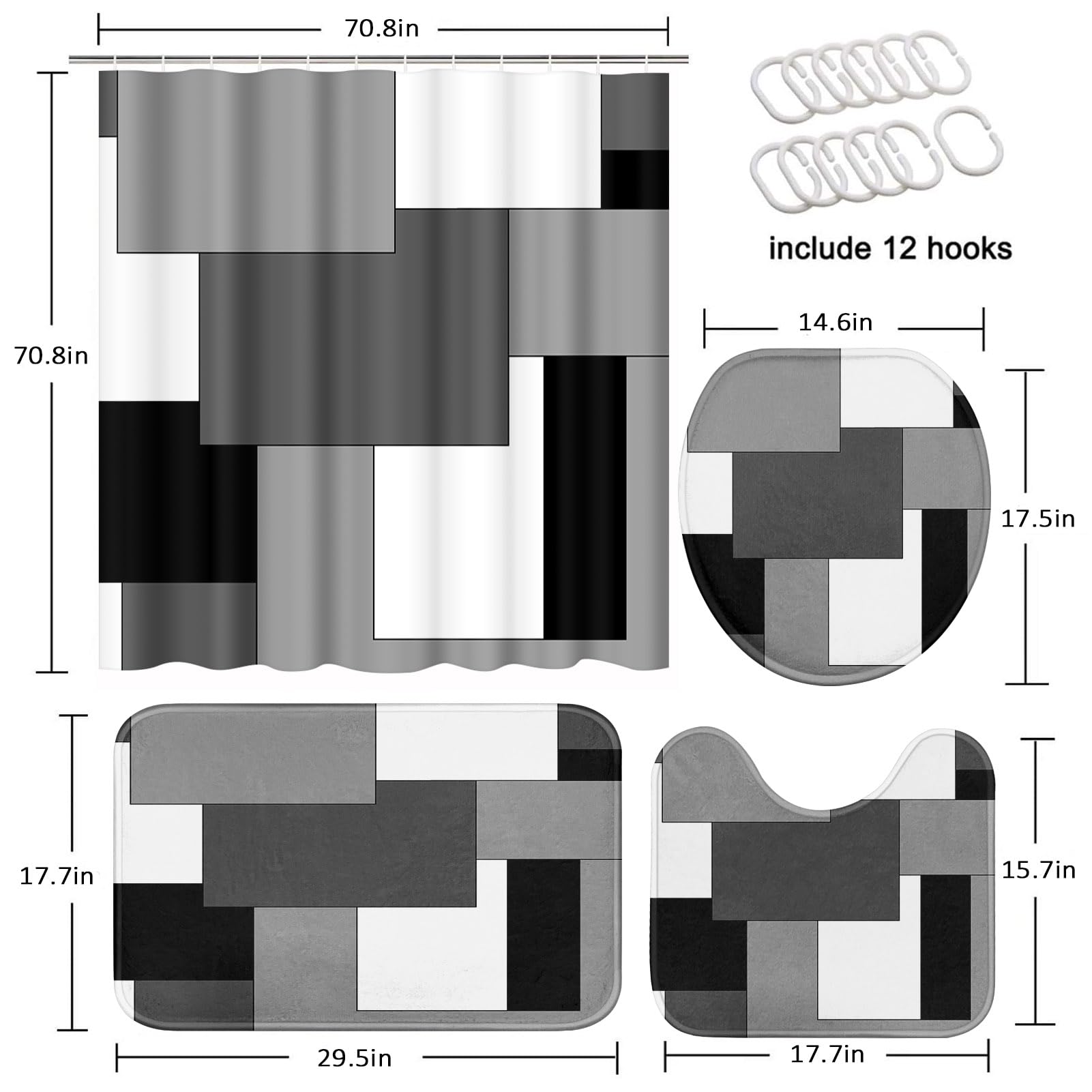 Tayney Grey Geometric Shower Curtain Set - 4 Pcs, Polyester, 72"W x 72"L, Abstract Black White Checkered with Toilet Lid Cover & Rugs