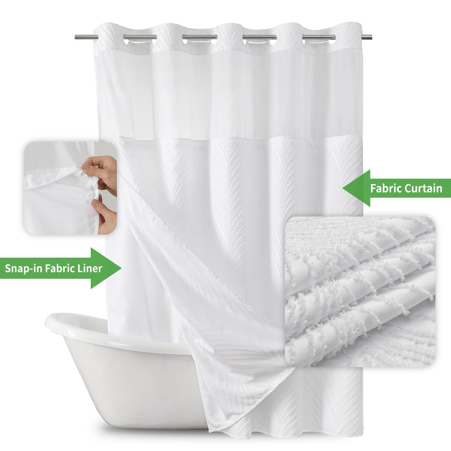 Eachope Long No Hook Shower Curtain And Liner Set,Boho Style With See Through Top Window,White Fabric Tufted Striped Textured Ou