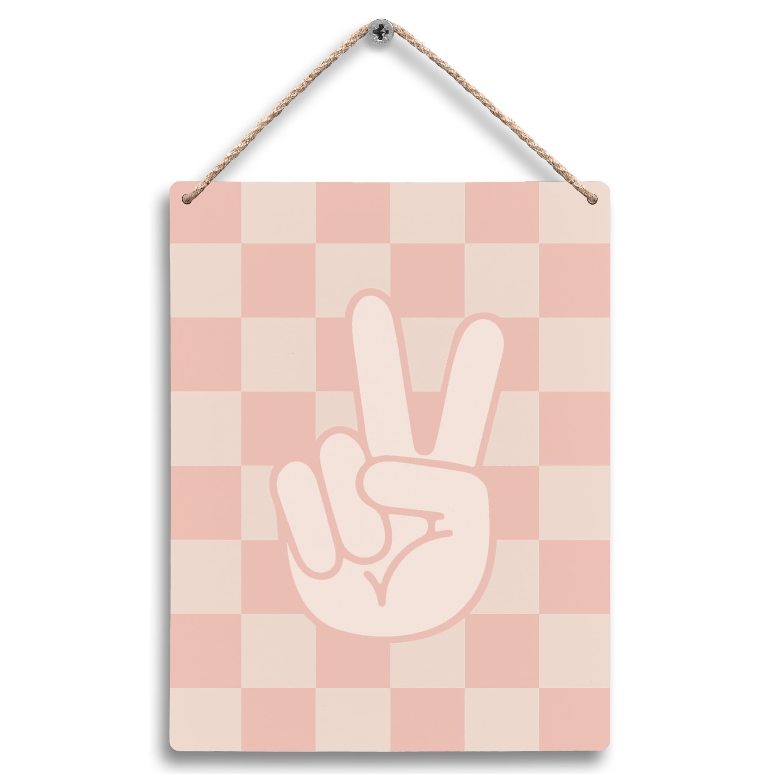 FUGWN Pink Checkered Peace Sign Hanging Wooden Signs 8x10, Pink Preppy Checkerboard Decor for Home Girls Nursery Room Dorm, Prep