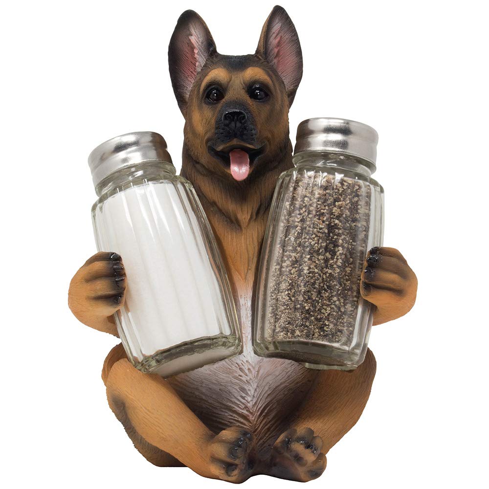 German Shepherd Police Dog Salt And Pepper Shaker Set With Decorative Display Stand Holder Canine Figurine For Kitchen Decor Tab