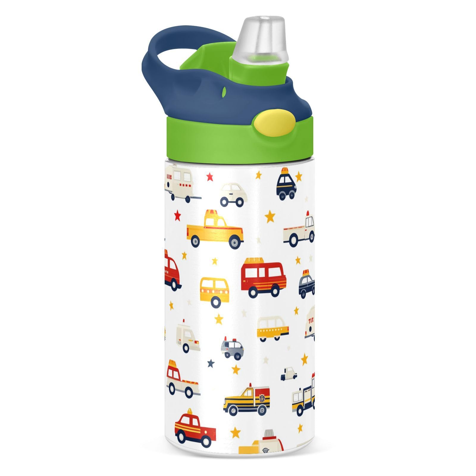 Pigsaly Kids Insulated Water Bottle Fire Truck Police Car 12oz Stainless Steel Vacuum Insulated Tumbler With Handle Double Wall 