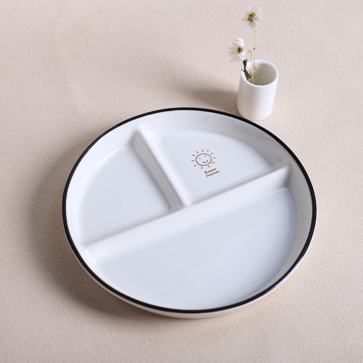 Cocome Round Smile Sun Ceramic Porcelain Divided Dessert Salad Plate Dinner Plate - 8 Inch