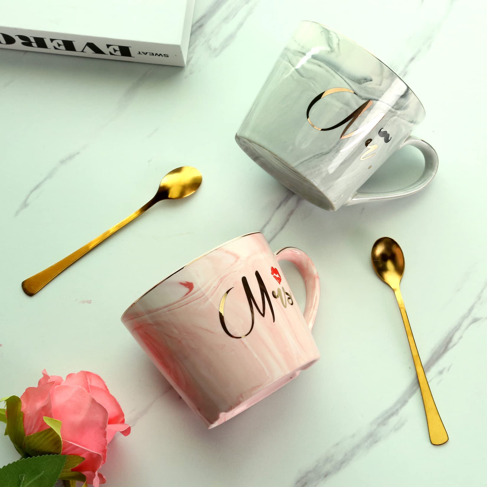 EXREIZST Mr And Mrs Couple Coffee Mugs Set- Wedding Gifts for Bride and Groom Mugs  His and Hers Gifts Anniversary  Bridal Gifts for Engagement Birthday Party - Married Couples Ceramic Marble Cups