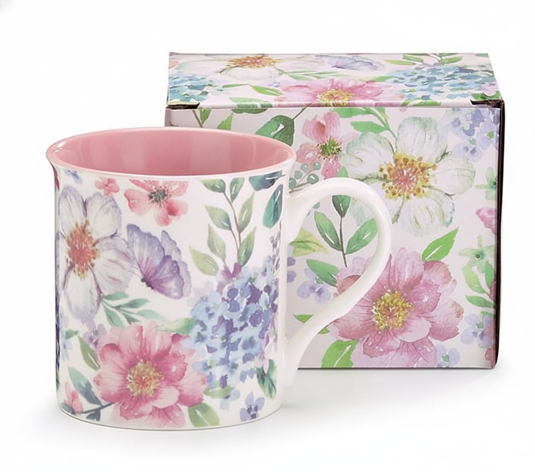 burton + Burton Colorful Flower Blooms and Butterflies Bone China Mug, 11 oz Floral Coffee & Tea Cup with Pink Interior, Gift Bo