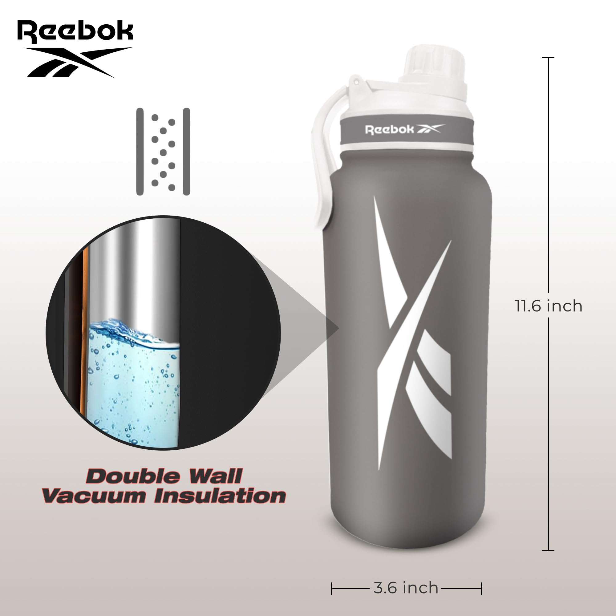 Reebok Stainless Steel Water Bottle With Athletic Design - Insulated Water Bottle 40 Oz With Chug Lid - Double Wall Vaccum Insul