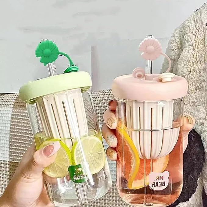1 Pcs Glass Tumbler with Fruit Infuser Lid and Straw Water Cup Portable Tea Water Separator Cup Straw Glass Bubble Milk Tea Cup