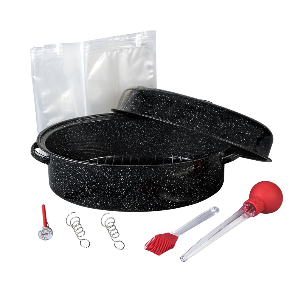 Granite Ware 19 in Oval Roaster Set (10pcs), includes Lid, Rack, 2 pack brining bags, oven/grill-safe meat Thermometer, Turkey B