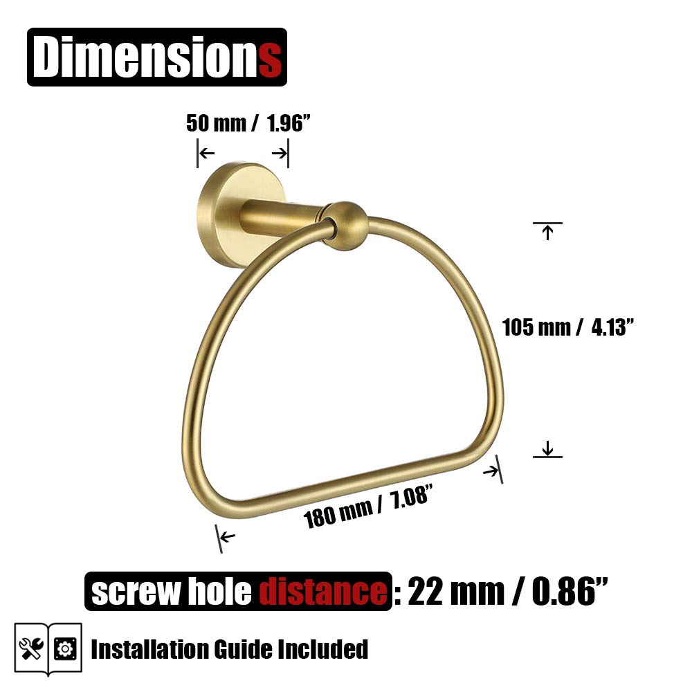 JQK Towel Ring Light Gold  Stainless Steel Half Ring Towel Holder for Bathroom  7 Inch Brushed Golden Wall Mount  TR160-BG