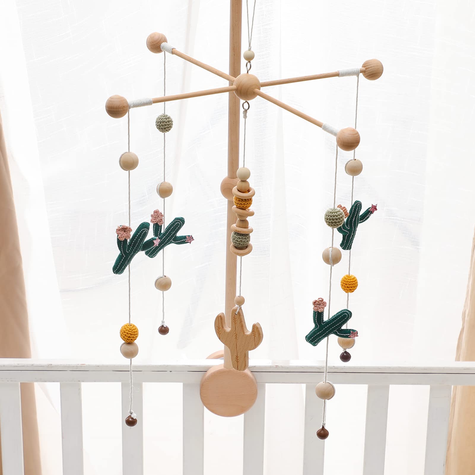 Baby Crib Mobile Cactus Nursery Mobiles Handmade Nordic Style Wooden Nursery Decoration Baby Photography Props Newborn Gift(Gree