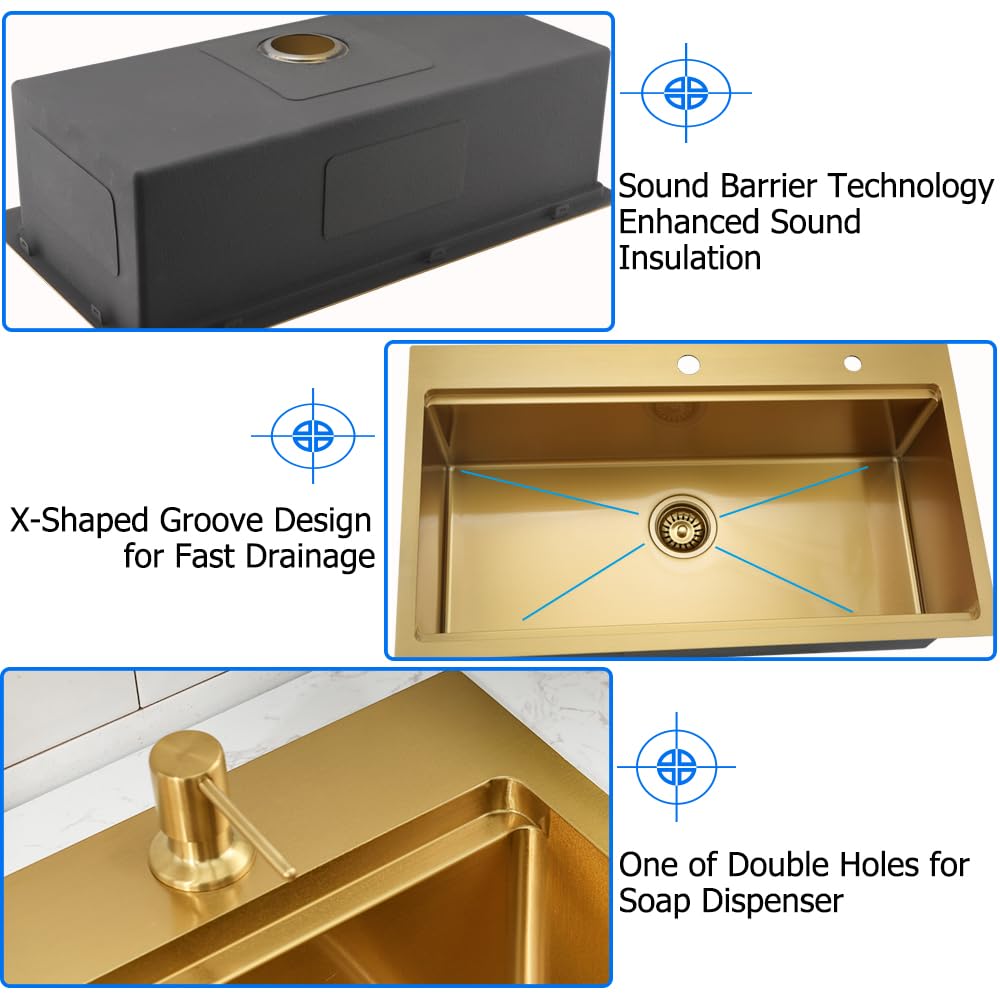 Boomhoze 33 Inch Gold Drop In Kitchen Sink, 33X19 Top Mount Kitchen Sink 16 Gauge Stainless Steel Single Bowl Large Kitchen Sink