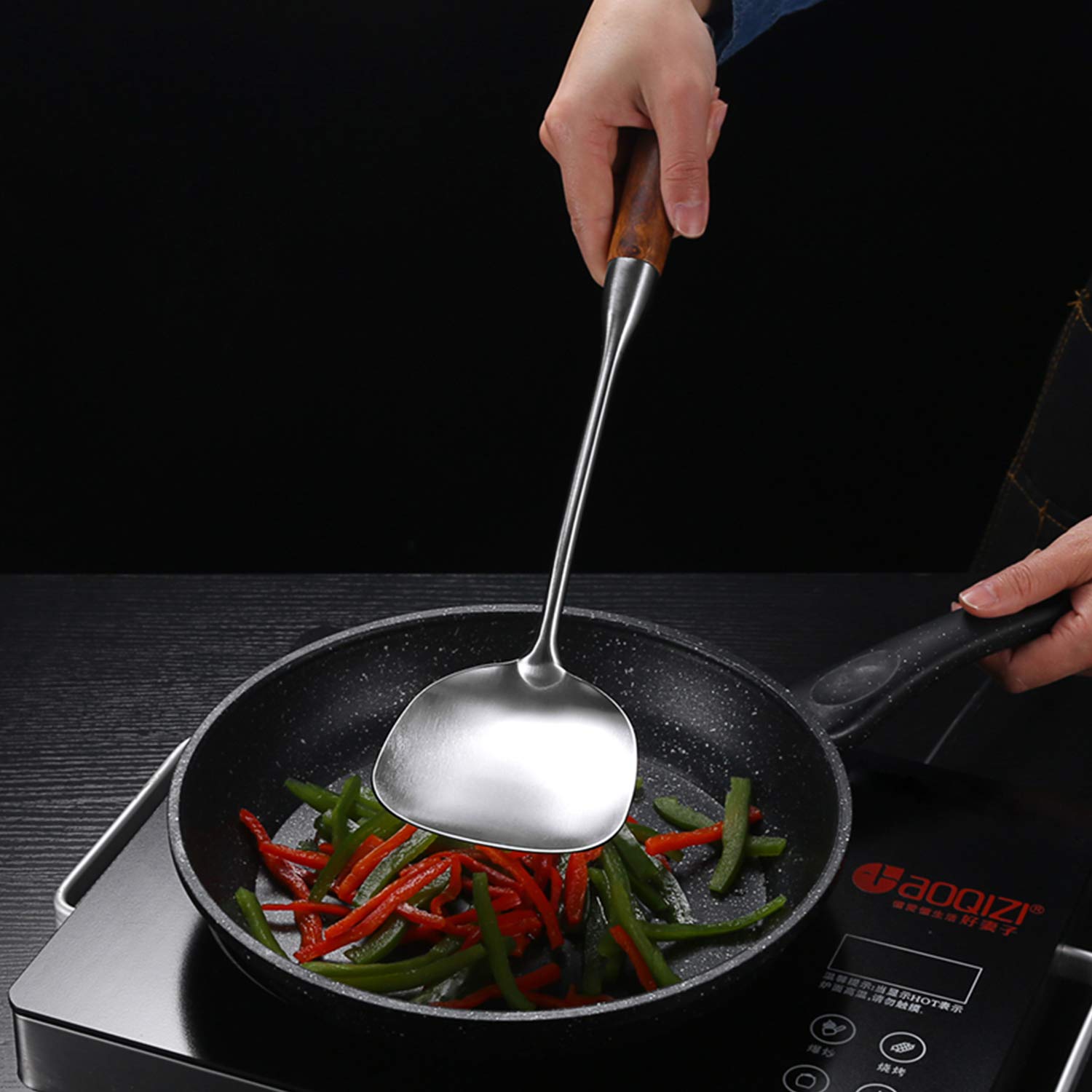 Wok Spatula & Ladle Tool Set, Aoosy 18/10 Stainless Steel Cooking Utensils, Wooden Handle Wok Utensils Soup Ladle 15 Inches Set