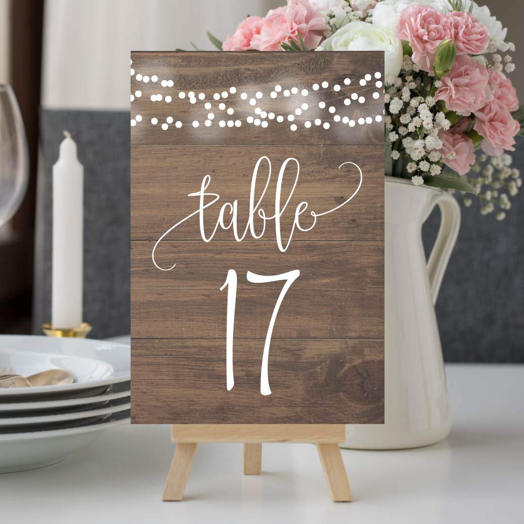 Hadley Designs 1-25 Rustic Wood Lights Table Number Double Sided Signs For Wedding Reception  Restaurant  Birthday Party Calligraphy Printed Numbered Card Centerpiece Reusable Frame Stand 4x6 Size